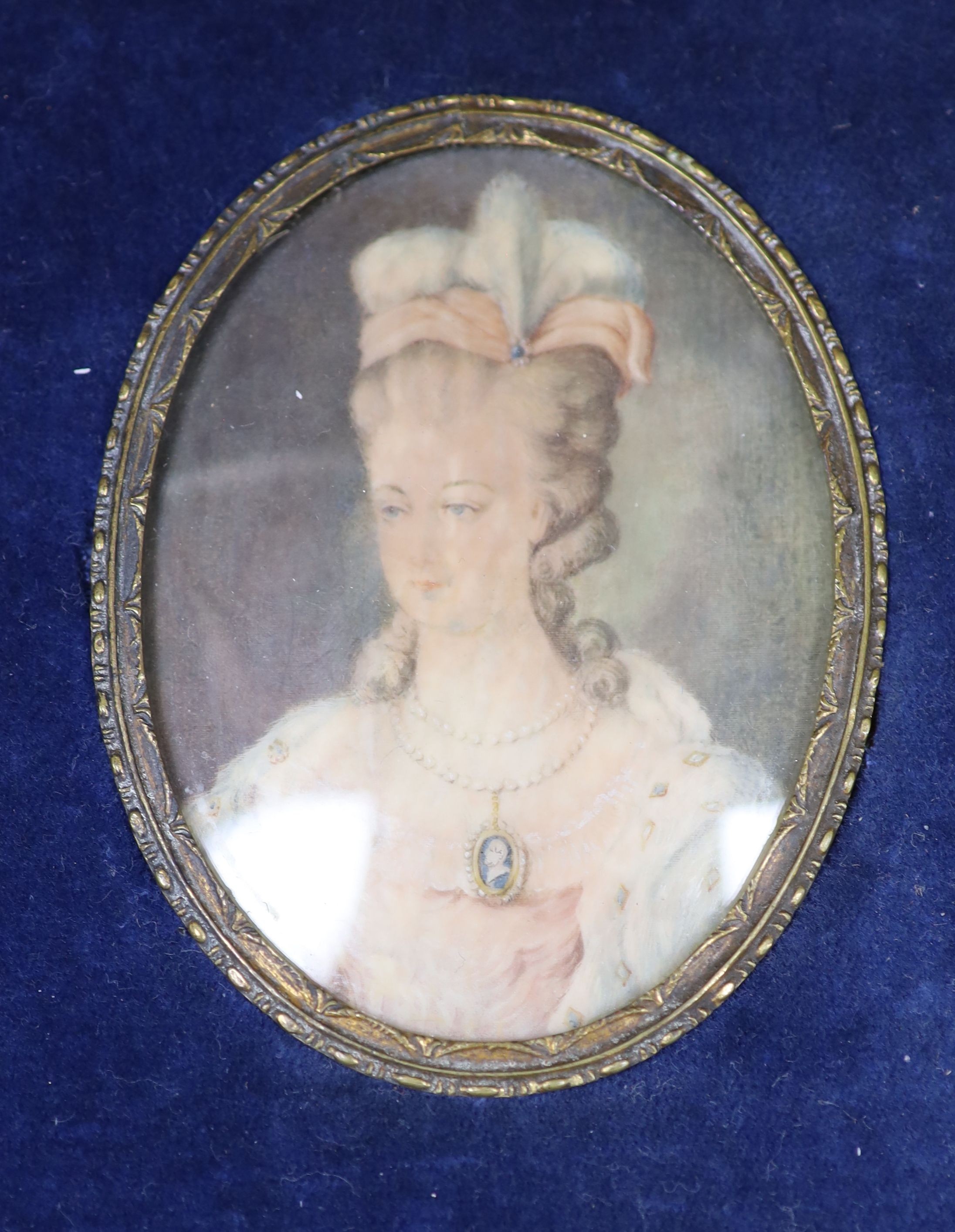 A group of three portrait miniatures, Louis XVI, Marie Antoinette & Monsieur Gillotine, largest 13.5 x 9.5cm.